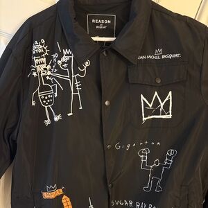 REASON x Basquiat Coach Jacket XL Black Graffiti Art Skull Crown Streetwear